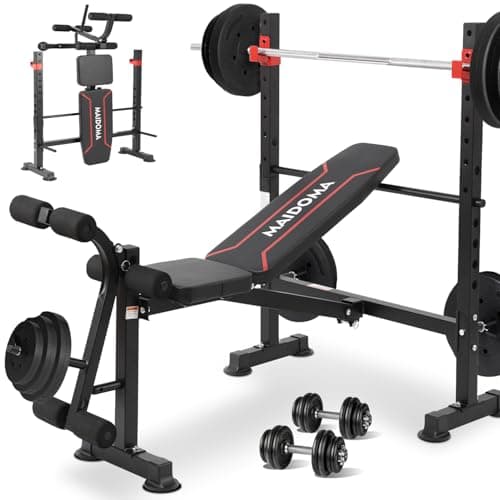 Standard Weight Bench Set with Leg Extension and Leg Curl, Adjustable Bench Press Set with Squat Rack, Foldable Flat Incline Decline Workout Bench for Home Gym Full Body(US Stock)
