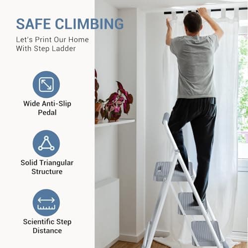 DUMOS Step Ladder, 3 Sturdy Step Stool with Anti-Slip Pedal & Comfortable Handrail, Portable Heavy Duty Step Stool for Kitchen, Garage & Outdoor Use, 800lbs, Grey 6