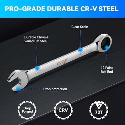 DISEN 10Pcs Ratcheting Wrench Set SAE & Metric Ratchet Wrench Set with Rack Organizer, Premium CR-v Steel, 12 Point, 72 Teeth,Box End and Open End Ratcheting Wrench Set,Metric 10-15mm&SAE 3/8''-5/8'' 5