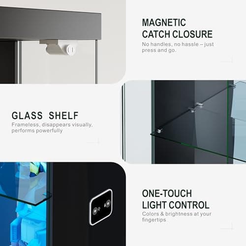 Lvifur Lockable Curio Display Cabinet with Glass Door,65" Lighted Curio Cabinet with 3 Color Lights for Collectibles,3-Tier Glass Display Case with Human Body Sensor for Living Room,Black 8