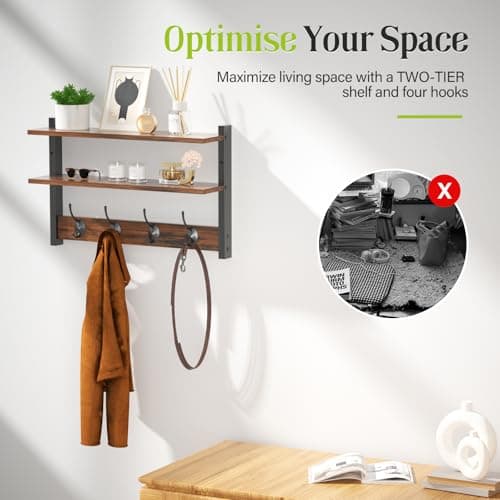 Orapoke Two-Tier Wall Shelf with Hooks, 17" Coat Rack Wall Mount with Shelf, Key Hooks for Wall with Heavy Duty Double Hooks, Coat Hook Wall Mounted for Bedroom, Living Room, Rustic Brown 6