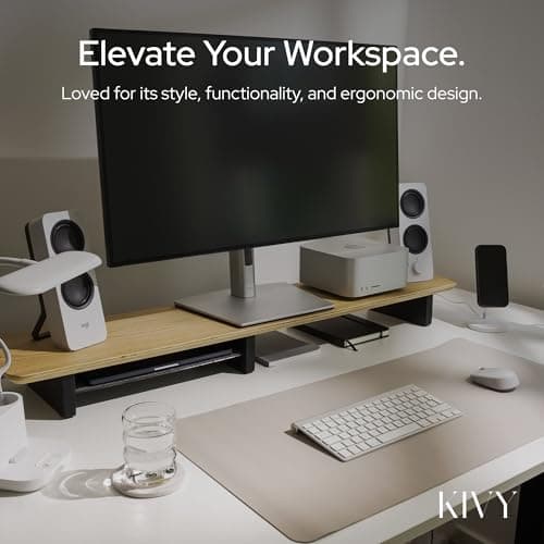 KIVY Dual Monitor Riser With Integrated Metal Shelf [MADE BY HAND] - Wooden Desk Shelf for 2 Monitors - Wide Long Stand for Desk (44 x10x3in - Oak) 7