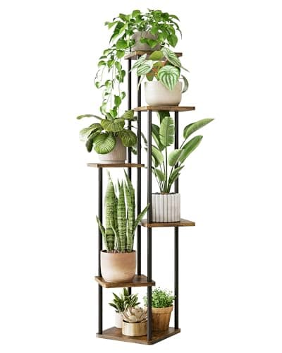 GENTINGBRO Corner Plant Stand Indoor 6 Tiered Tall Plant Stand Plant Shelf for Multiple Plants Coner Shelf Wood Plant Stands Metal Shelving for Living Room Bedroom Balcony Patio Brown Oak