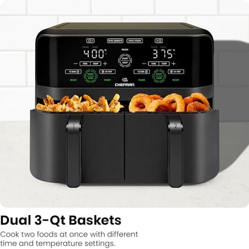 Chefman 6 Quart Dual Basket Air Fryer - Digital Touchscreen, Smart Sync Finish, Hi-Fry, Auto Shutoff, 2 Independent 3QT Nonstick Dishwasher-Safe Frying Baskets - Digital Double Air Fryer - Black 5