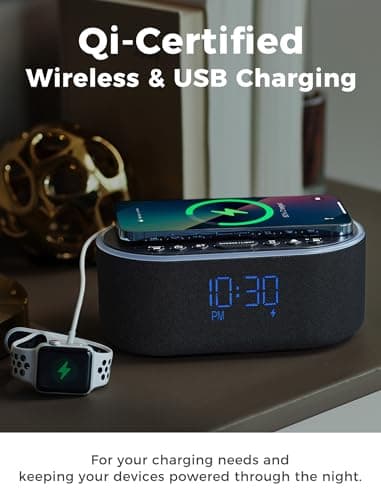 Odokee Wireless Charging Alarm Clock Radio: Qi Certified Fast Wireless Charger for iPhone Samsung - 10W Stereo Bluetooth Speaker - Dimmable Digital Clock with FM Radio for Bedroom Black 3
