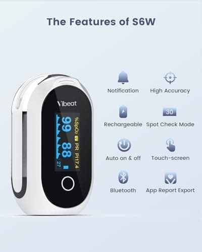 Rechargeable Pulse Oximeter Fingertip, Vibeat S6W Bluetooth O2 Monitor Finger with Real-Time Blood Oxygen Saturation & Heart Rate Tracking, Batteries and Lanyard Included 7