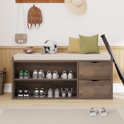 LVB Entryway Bench with Storage, 40” Storage Bench with Padded Cushioned Seat, Farmhouse Shoe Bench with 2 Drawers Cabinet Shelf, Industrial Wood Shoe Rack Bench for Living Bedroom，Rustic Oak, 40in 7