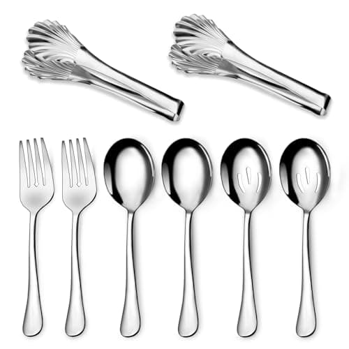 ELLERT Serving Set,8-Piece Stainless Steel Hostess Serving Utensil Set with Serving Spoons，Serving Forks，Serving Tongs Soup Ladle Catering Serving Utensils for Dishwasher Safe, Silver, FUWU-8P