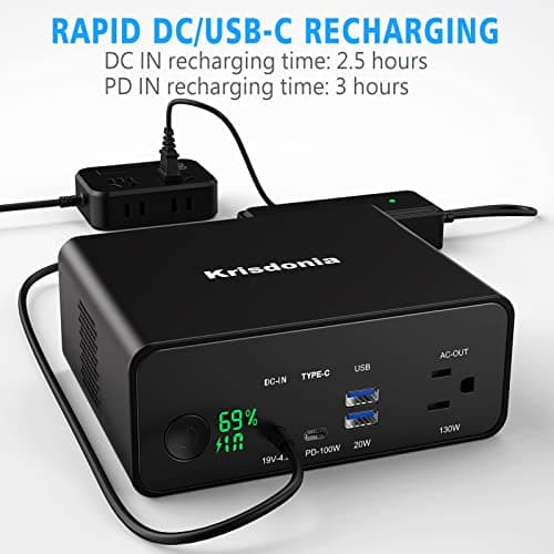 Krisdonia 130W Portable Power Bank, 148WH/40000mAh Portable Laptop Charger Battery Backup with 110V AC Socket/ 100W Type-C Port/2 USB QC3.0 for CPAP Outdoor Camping Trip Hunting Emergency 6