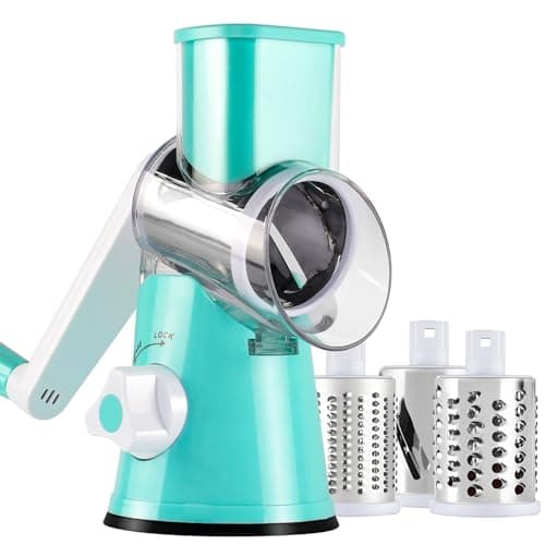 Ancevsk Cheese Grater Hand Crank, Rotary Vegetable Shredder with Handle and Strong Suction base, 3 in 1 Kitchen Speed Spin Veggie Slicer Nut Grinder for Pizza Top, Hash brown, Salad and More (Blue)