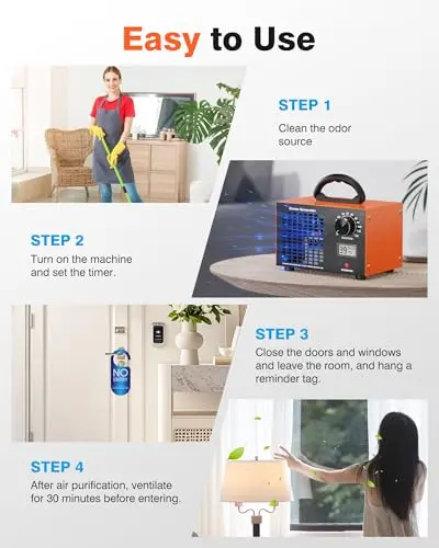 Ozone Generator 160,000mg/H with Temp/Humidity Display - 120 Min Timer O3 Ionizer Air Purifier for Large Spaces (5000 Sq.Ft) - Upgraded Ozone Machine for Cars, Homes, Hotels, Kitchens & Pet Areas 6