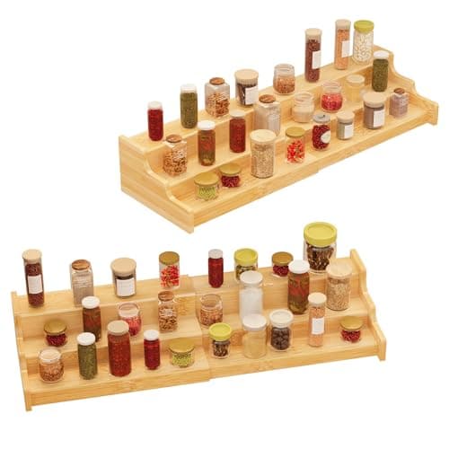 2 Pack Spice Rack Organizer for Cabinet - 3 Tier Bamboo Expandable Display Shelf for Seasoning Storage in Kitchen Pantry