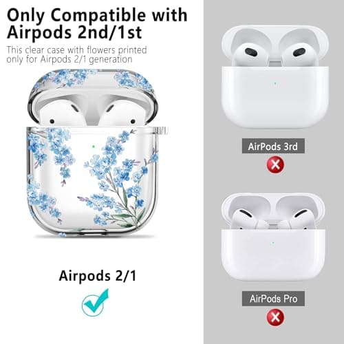 Wonjury Protective Clear Floral Case Cover with Cleaner Kit Portable Shockproof Women Girls with Keychain for Apple Airpods 2/1 Charging Case - Clear/Blue Flower 2