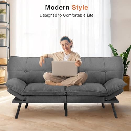 Sweetcrispy Sofa Couch - Futon Sofa Bed, Full Size Futon, Sofa Sleeper, Modern Convertible Lazy Futon for Living Room, Small Space, Apartment Office, Grey, 6022GY 6