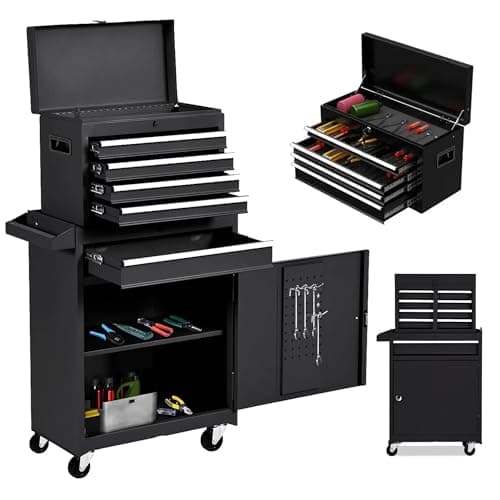 SumKea Tool Cabinet, Tool Chest with Wheels, Garage Tool Box, 5 Drawer Rolling Tool Chest and 2 Lockers, Detachable Storage Cabinet, for Garage Warehouse Workshop, Black