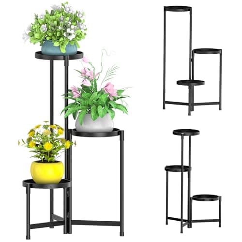 MOKANI Metal Plant Stand Indoor Outdoor for Multiple Plants, 3 Tiered Folding Corner Shelf Tall Flower Pot Holder Display Rack for Patio Living Room Balcony Garden, Black