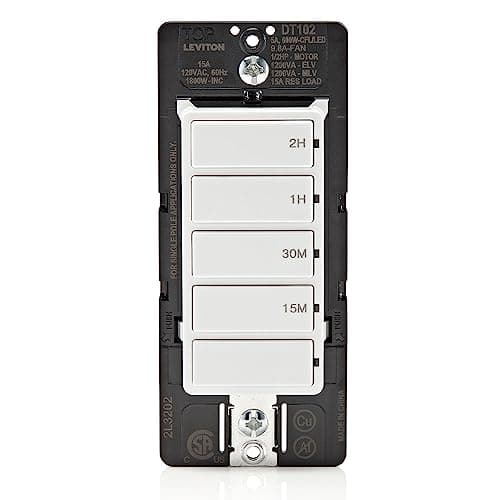 Leviton Countdown Timer Switch for household lights and exhaust fans, 15-30 min, 1-2 hour, No Neutral Wire Required, Single Pole, 15A, 1/2HP/9.8A Fan/Motor, DT102-1LW, White