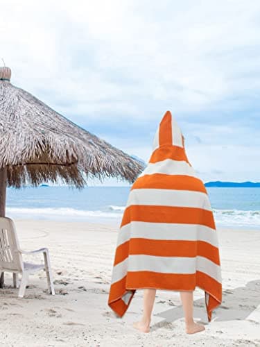 ORIGINAL KIDS Hooded Bath Towel Wrap - 100% Cotton Terry Large Oversized Hooded Kids Towel - Toddler Shower Pool Beach Towel - Soft Plush Absorbent Quick Dry Easycare Gift -30x60- Cabana Stripe Orange 9