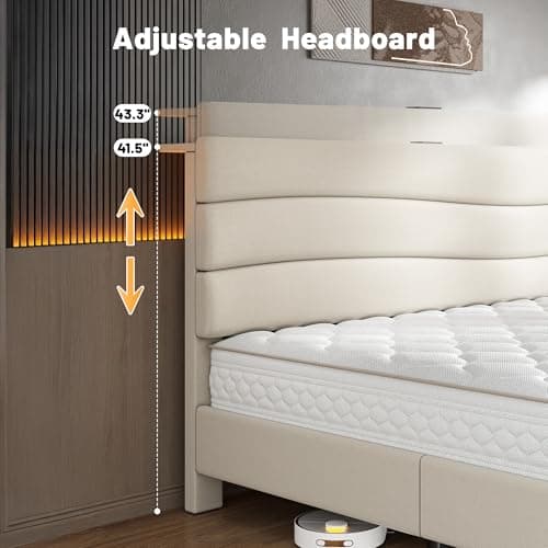 EnHomee King Size Bed Frame, Upholstered King Bed Frame with Charging Stations, Storage Headboard Adjustable, Bedroom, Apartment, Dorm, Noise-Free, No Box Springs Needed, Beige 5