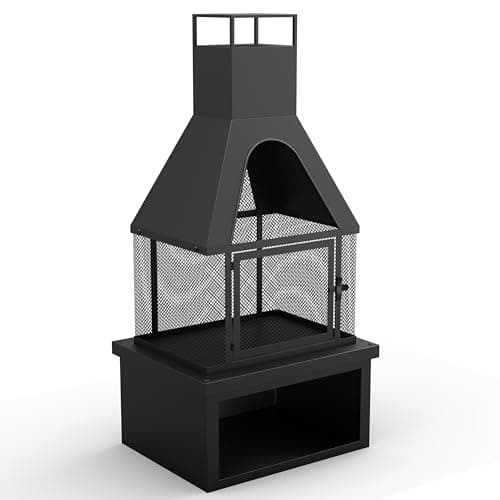 43" H Living Outdoor Wood Burning Fire Pit with Wood Storage,Chiminea Fireplace with Mesh Spark Screen Doors, Black 5