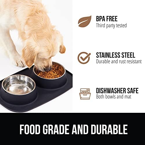 GORILLA GRIP Feeding Mat Bowl Set, 100% Waterproof BPA Free Silicone Base, 304 Stainless Steel Cat and Dog Bowls for Food and Water, Slip Resistant, High Edge, US Designed, Patent Pending, 2 Cup Black 5