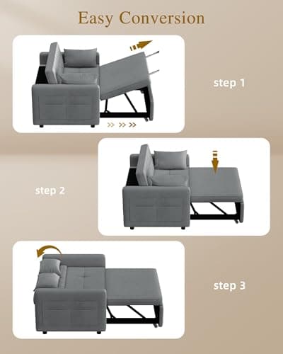 YITAHOME 55" Convertible Sofa Bed, Velvet Sleeper Sofa with Pull-Out Bed, 3-in-1 Futon Couch with Reclining Backrest and Side Pocket, Modern Loveseat for Living Room, Grey, Full Size 6