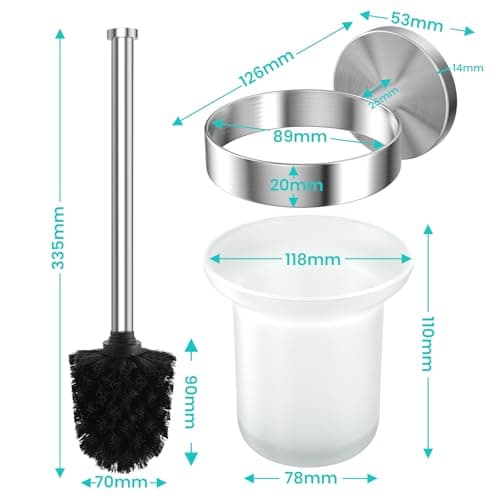 Dailyart Toilet Bowl Brush Holder Set: Deep Cleaning Toilet Brush - Bathroom Accessories Stainless Steel & Glass Toilet Cleaner Brush - No Drilling Wall Mounting Toilet Cleaner Brush with 2 Brushes 6