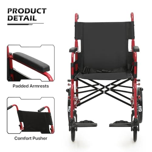 monicare Folding Transport Wheelchair for Adults, Heavy-Duty Wheel Chair with Padded Armrest and Swing-Away Footrest, 18 Inch Wide Seat Transport Chair for Seniors, 300Lbs Capacity, Red 14