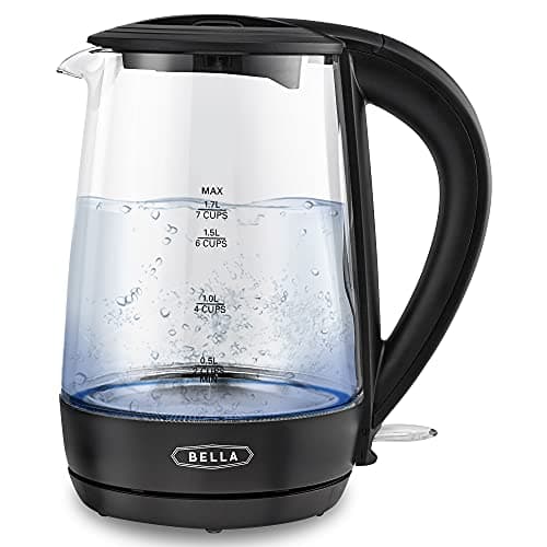 bella 1.7 Liter Glass Electric Kettle, Quickly Boil 7 Cups of Water in 6-7 Minutes, Soft Blue LED Lights Illuminate While Boiling, Cordless Portable Water Heater, Carefree Auto Shut-Off, Black