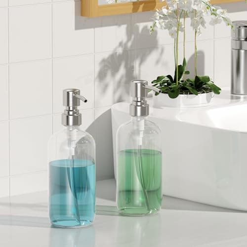 AmazerBath Soap Dispenser, 2 Pack Glass Soap Dispenser with Pump Stainless Steel, 17 Oz Hand Soap Bottles Bathroom Kitchen, Clear 7