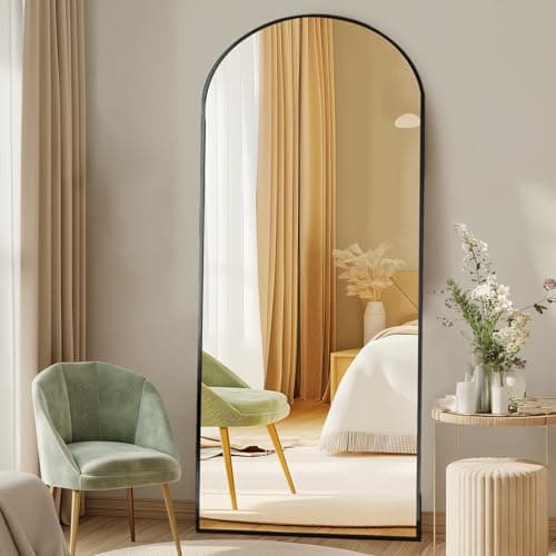 DUMOS Arched Full Length Mirror with Stand 64"x21" Floor Standing Aluminum Frame for Bedroom Body Hanging Leaning Modern Simple Home Decor Shatter-proorf Nano Glass Wall Living Room Cloakroom Black
