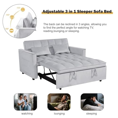 Trygoal Convertible Sofa Bed, Pull Out Couch with Side Pockets, 3 in 1 Velvet Fabric Loveseat Sleeper Sofa Bed, Pull Out Couch with Adjustable Backrest for Living Room, Bedroom, Apartment, Light Gray 5