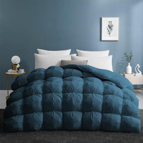 UNIKOME Pinch Pleat Goose Feather Down Comforter - All Season Duvet Insert with 100% Cotton Cover, Cloud-Like Fluffiness, 20% Extra Fill (King, Navy,106"X90")