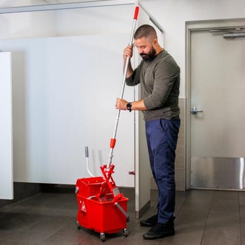 Unger Commercial - SmartColor Dual-Compartment Restroom Mop Bucket with Side-Press Wringer, 16 qt, Red - Restroom Cleaning - COMSR 8