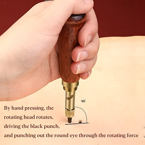 TLKKUE Adjustable Leather Hole Punching Tool Automatic Puncher with Wooden Handle Hollow Hole Punch with 6 Tips Size (1.5mm/2mm/2.5mm/3mm/3.5mm/4mm) for Leather Belt, Bag, Wristband 5
