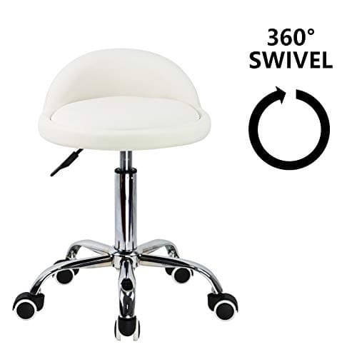 KKTONER PU Leather Round Rolling Stool with Back Rest Height Adjustable Swivel Drafting Work SPA Task Chair with Wheels (White) 6