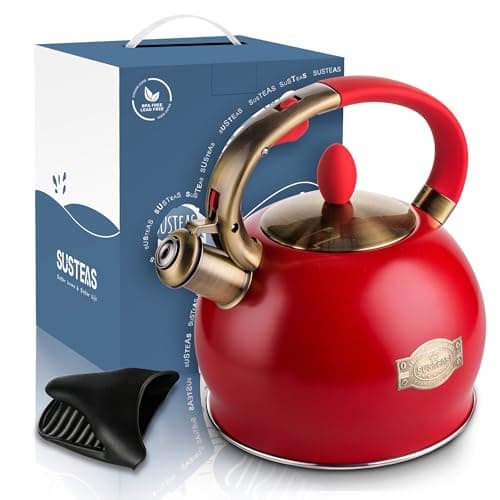 SUSTEAS Stove Top Whistling Tea Kettle - Food Grade Stainless Steel Teakettle Teapot with Cool Touch Ergonomic Handle, With 1 Silicone Pinch Mitt Included, 2.64 Quart(RED) 8