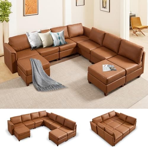 VIKAYAMICS 115" Modular Sectional Sofa with Storage, Faux Leather Sectional Couch Comfy Cloud Couches with Movable Ottoman for Living Room Bedroom Apartment (Brown, Sofa-9 Seat)