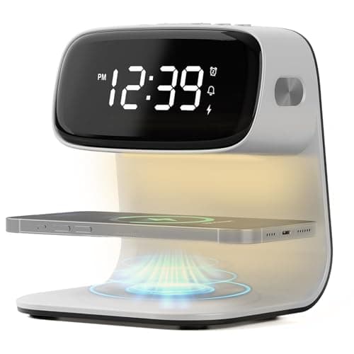 YIDPU Digital Alarm Clock with Wireless Fast Charging Station 15W Touch Smart Lamp for Bedside,3 Colors Nightlight Adjustment Night Lamp for Living Room,Bedside,Heavy Sleepers (White+Cable&Adapter)
