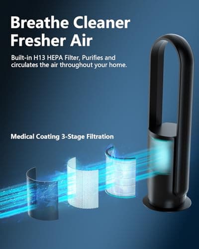 ULTTY Bladeless Tower Fan and Air Purifier Combo, True HEPA Filter 99.97% Smoke Dust Pollen Dander, Oscillating Tower Fan with Remote Control CR022, Black, SKJ-CR022 9