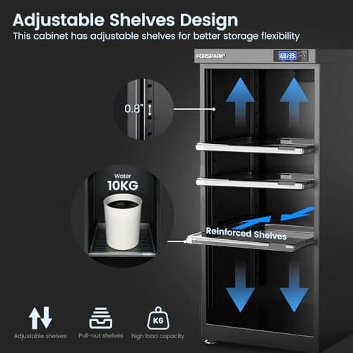 FORSPARK 125L Dual-Core Camera Dehumidifier Dry Cabinet, Quiet Humidity Control Storage with Lock & 4 Adjustable Shelves for DSLR, Lenses, Drones, Studios, Collectibles - 15W Energy Efficient, Black 7