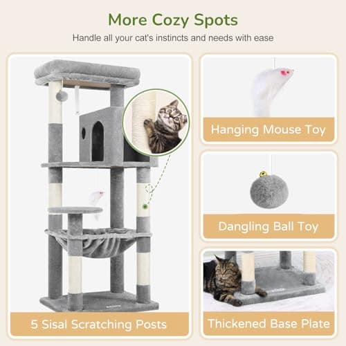 Globlazer Cat Tree Tower with Scratching Post for Indoor Cats, 53inch Tall Plush Multi-Level Cat Climbing Tower Condo House with Large Hammock, Spacious Cat Cave, Padded Top Perch Bed, F53, Light Gray 5