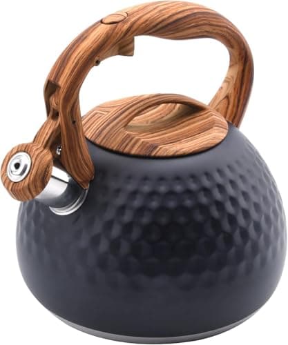 Foedo Tea Kettle Stovetop, 3.2 Qt Stainless Steel Whistling Kettle for Stove Top, Food Grade Teapot with Wood Pattern Handle for Coffee, Milk etc, Gas Electric Applicable (Black)