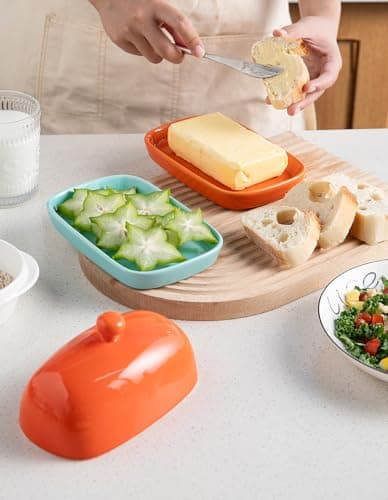 Sweejar Ceramic Butter Dish with Lid for Countertop,Porcelain Butter Keeper with Knob Handle,Butter Container for East/West Coast Butter, 7 inches (Orange) 5