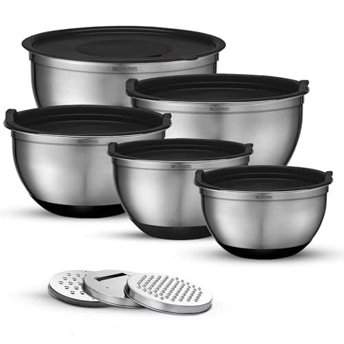Belwares Mixing Bowls with Airtight Lids - 8PCS Stainless Steel Nesting Mixing Bowls Set Non-Slip with 3 Grater Attachments, Kitchen Bowls, Sizes 5, 4, 3.5, 2, 1.5QT for Baking & Food Prep (Black)