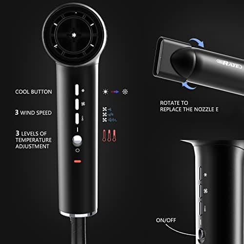 SHRATE Hair Dryer, Professional Brushless Motor Ionic Blow Dryer, 3 Heat Settings & 3 Speed with Diffuser & 2 Concentrator Nozzles for Easy Styling Healthy Hair 5