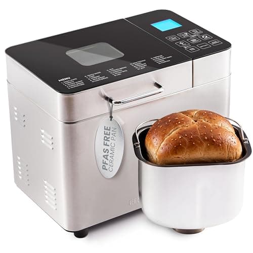 Elite Gourmet Programmable 2-Lb Bread Maker, PFAS Free Ceramic Ceralast™ Pan, Touch Screen Control Panel, 19 Functions, Gluten Free, White, Wheat, Rye & More, 3 Loaf Sizes, Stainless Steel
