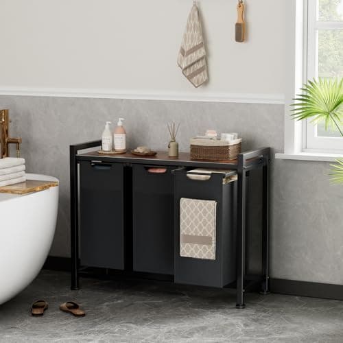 OLIXIS Laundry Hamper, Laundry Sorter with Shelf, Clothes Basket Organizer with 3 Pull-Out and Removable Bags, Movable Wheels for Laundry Room Bathroom Bedroom, 3 × 8.6 Gal (97.5L), Metal Frame, Black 9