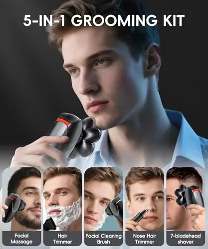 Head Shaver for Bald Men - IPX8 Waterproof Electric Razor for Wet/Dry Use with LED Display, USB-C Fast Charge & 5 Attachments Deep Black 7