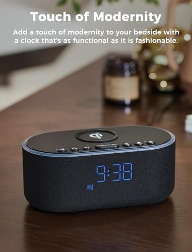 Odokee Wireless Charging Alarm Clock Radio: Qi Certified Fast Wireless Charger for iPhone Samsung - 10W Stereo Bluetooth Speaker - Dimmable Digital Clock with FM Radio for Bedroom Black 8